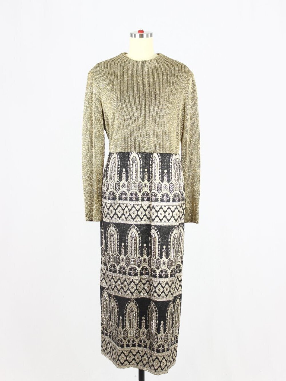 Vintage 70's PENNINGTON'S Gold Black Jacquard Knit Column Maxi Dress, Size 21/22